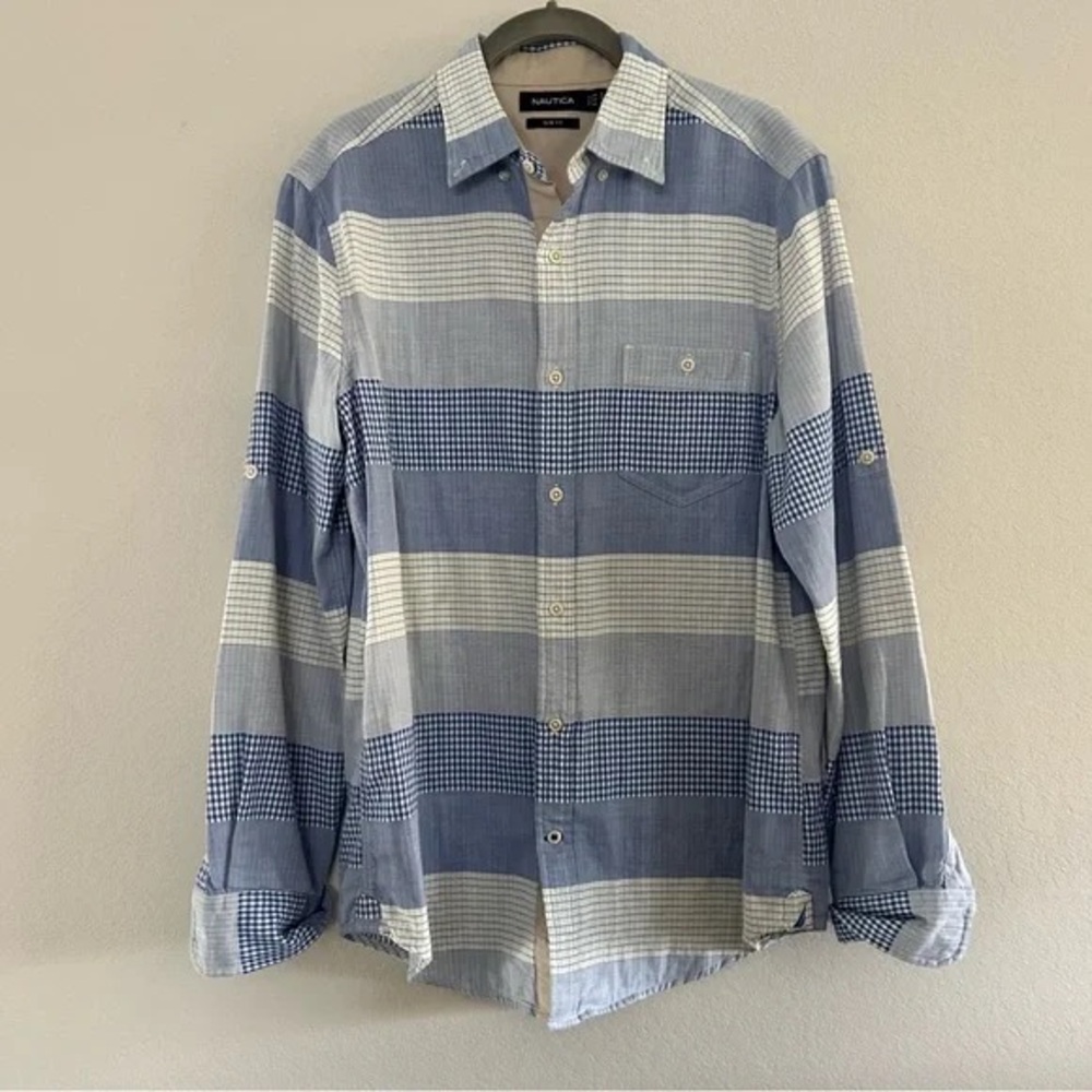 Nautica Men's Blue and White Checkered Shirt